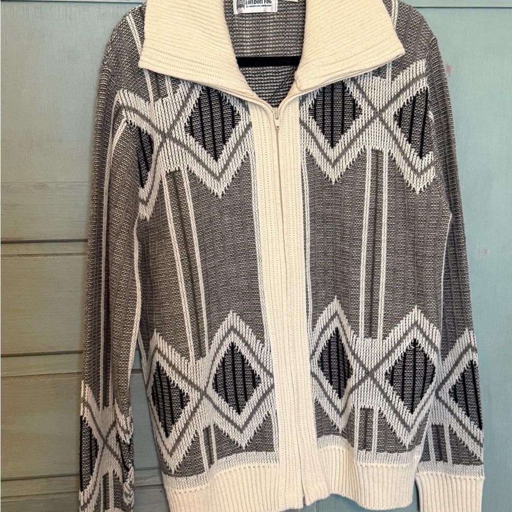 London‎ Fog Cream and Gray Knit Zip-Up Sweater VTG